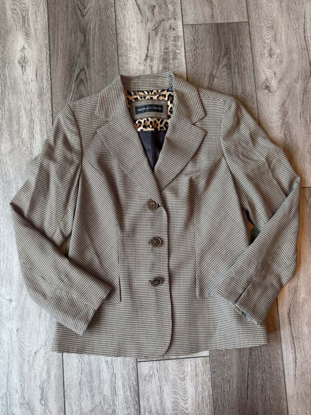 Dana Buchman Houndstooth Wool Blazer Size 12 Brown Animal Print Lining
